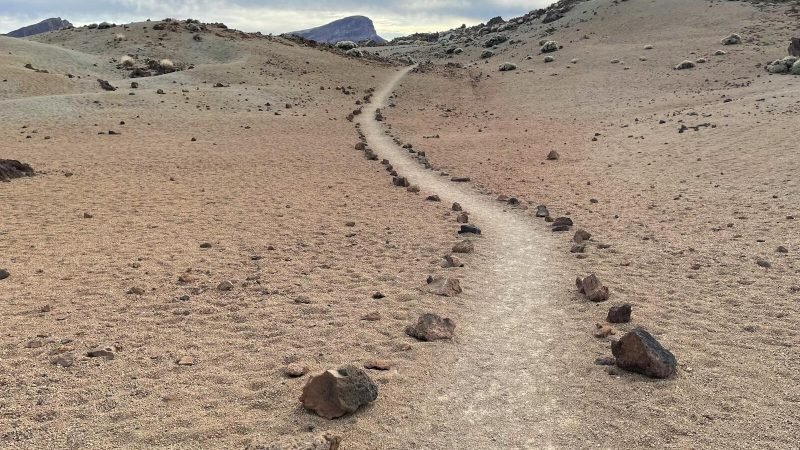A winding path marked by rocks in the arid landscape of Teide National Park, Tenerife.
